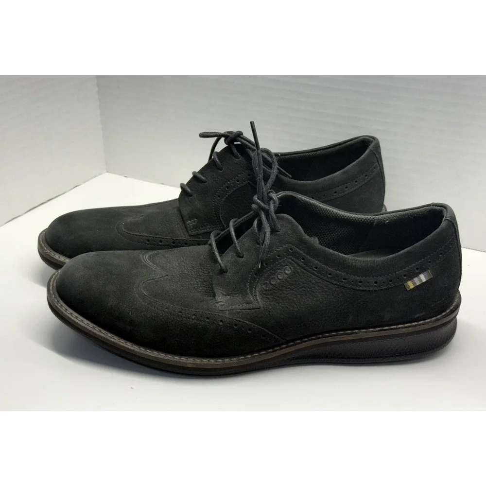 Ecco Shoes Mens Black Suede Leather Wingtip Brogue Oxford‎ Lace Up Sz EU 42 US 9